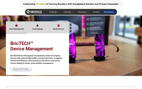 Sennco markets BricTECH Device Management for controlling company-owned phones and securing store display units, and states it supports Android with remote wiping.